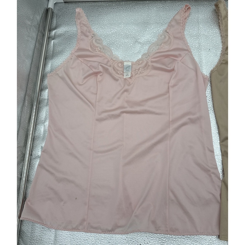 Vintage Camisole Beige and pink Slip Tank Top lot of 2 USA lingerie nylon - Picture 2 of 9